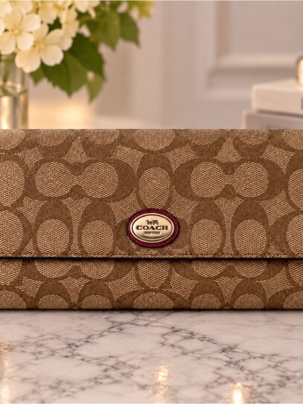 Coach Signature Canvas Key & Card Holder in Brown with Maroon Trim